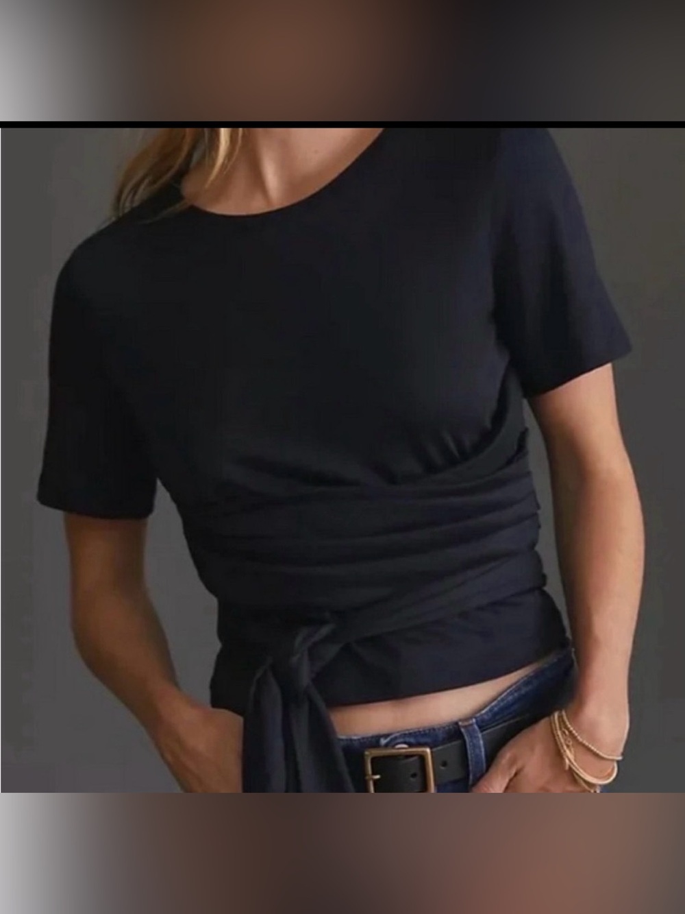 PILCRO (Anthropologie ) Black Short Sleeve Wrap Tie Top -XS